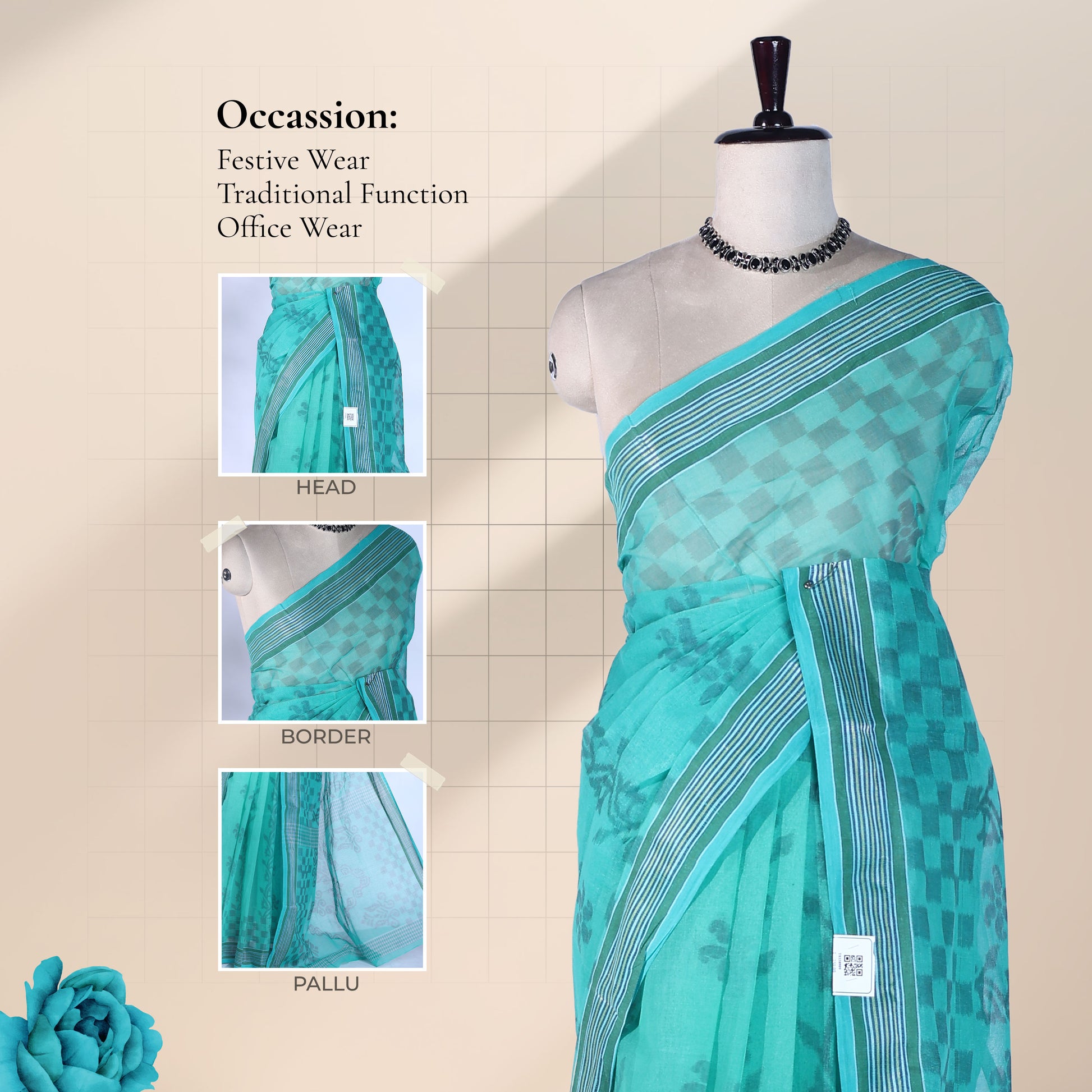 Bengal Cotton Saree With Floral Woven Motifs, Checked Pattern And Striped Border In Grey Front Draped View