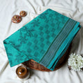 Bengal Cotton Saree With Floral Woven Motifs, Checked Pattern And Striped Border In Aqua Green Top Folded View