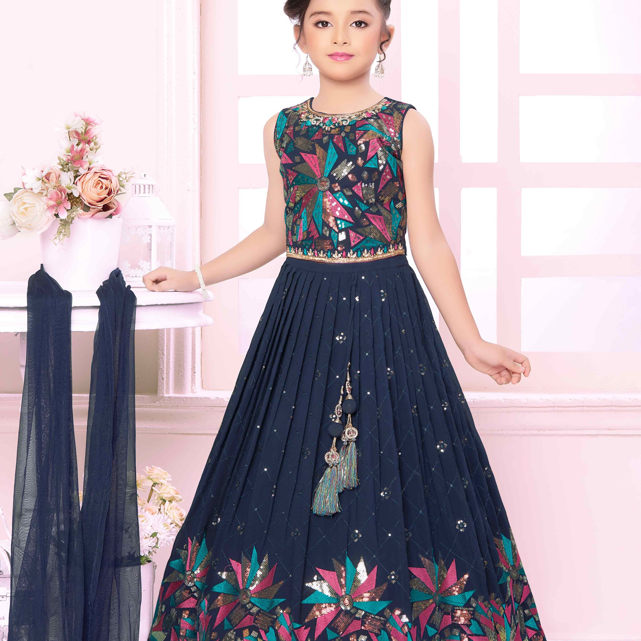 Navy Blue Colour Embroidered  Kids Choli
