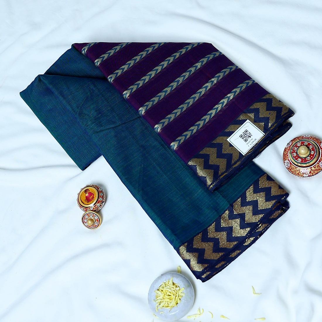 Blue Mangalagiri Cotton Saree with Gold Chevron Pattern Pallu & Traditional Zigzag Border - Full View