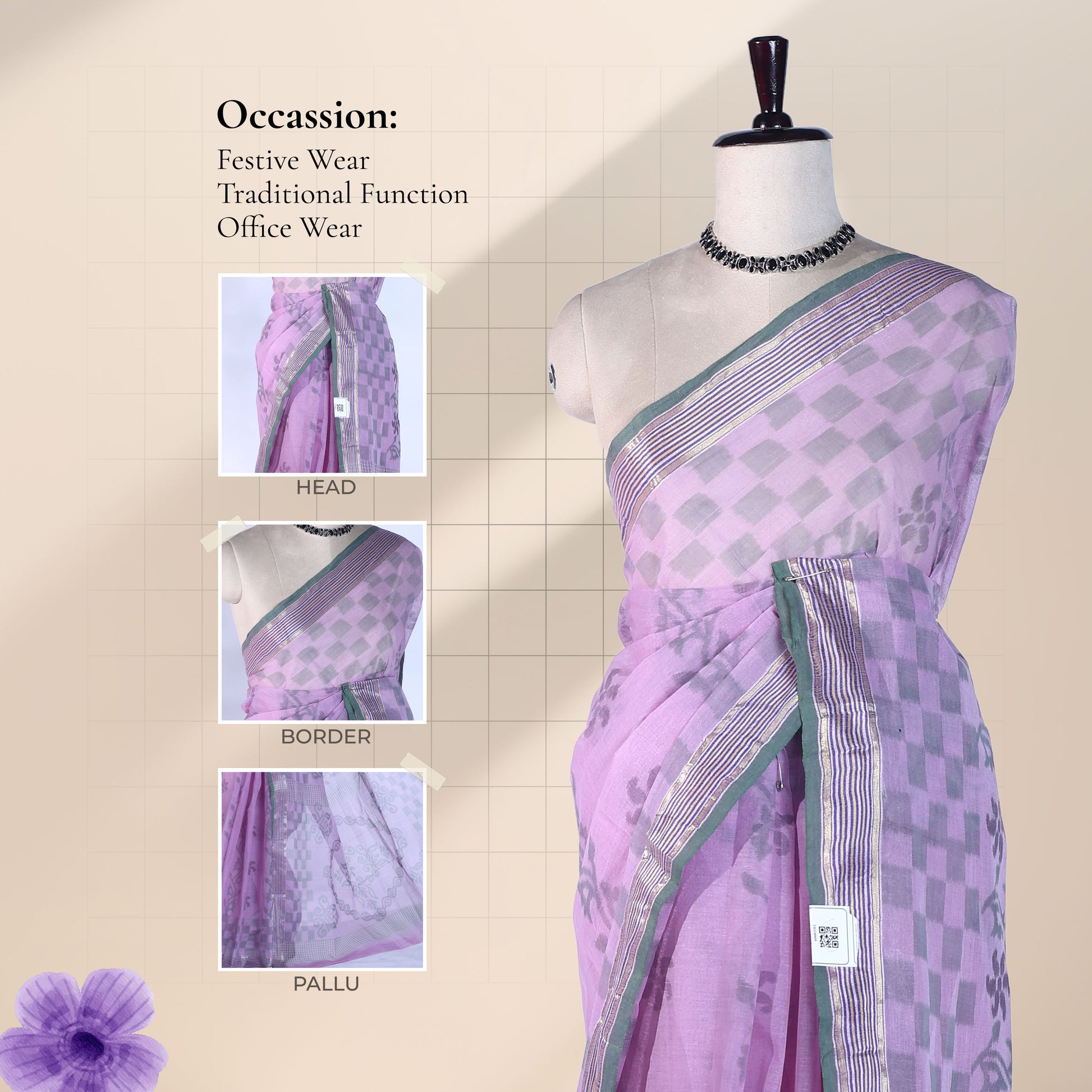 Bengal Cotton Saree With Floral Woven Motifs, Checked Pattern And Striped Border In Pink Front Draped View