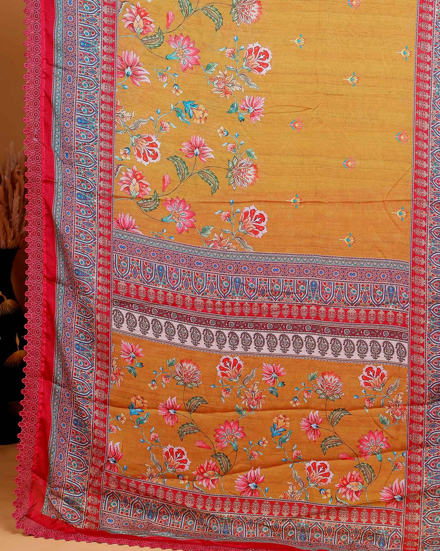 Elegant Georgette Saree with Intricate Floral Embroidery and Traditional Patterned Border - Mustard