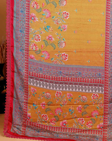 Elegant Georgette Saree with Intricate Floral Embroidery and Traditional Patterned Border - Mustard