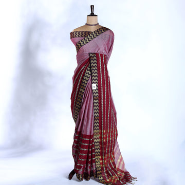 Pink Mangalagiri Cotton Saree with Gold Chevron Pattern Pallu & Traditional Zigzag Border - Full View