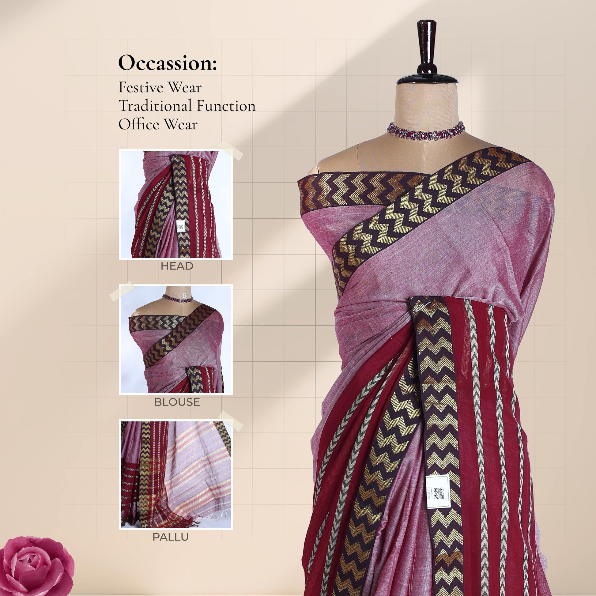 Pink Mangalagiri Cotton Saree With A Dark Green Border Gold Zari Chevron Patterns And A Matching Woven Pallu