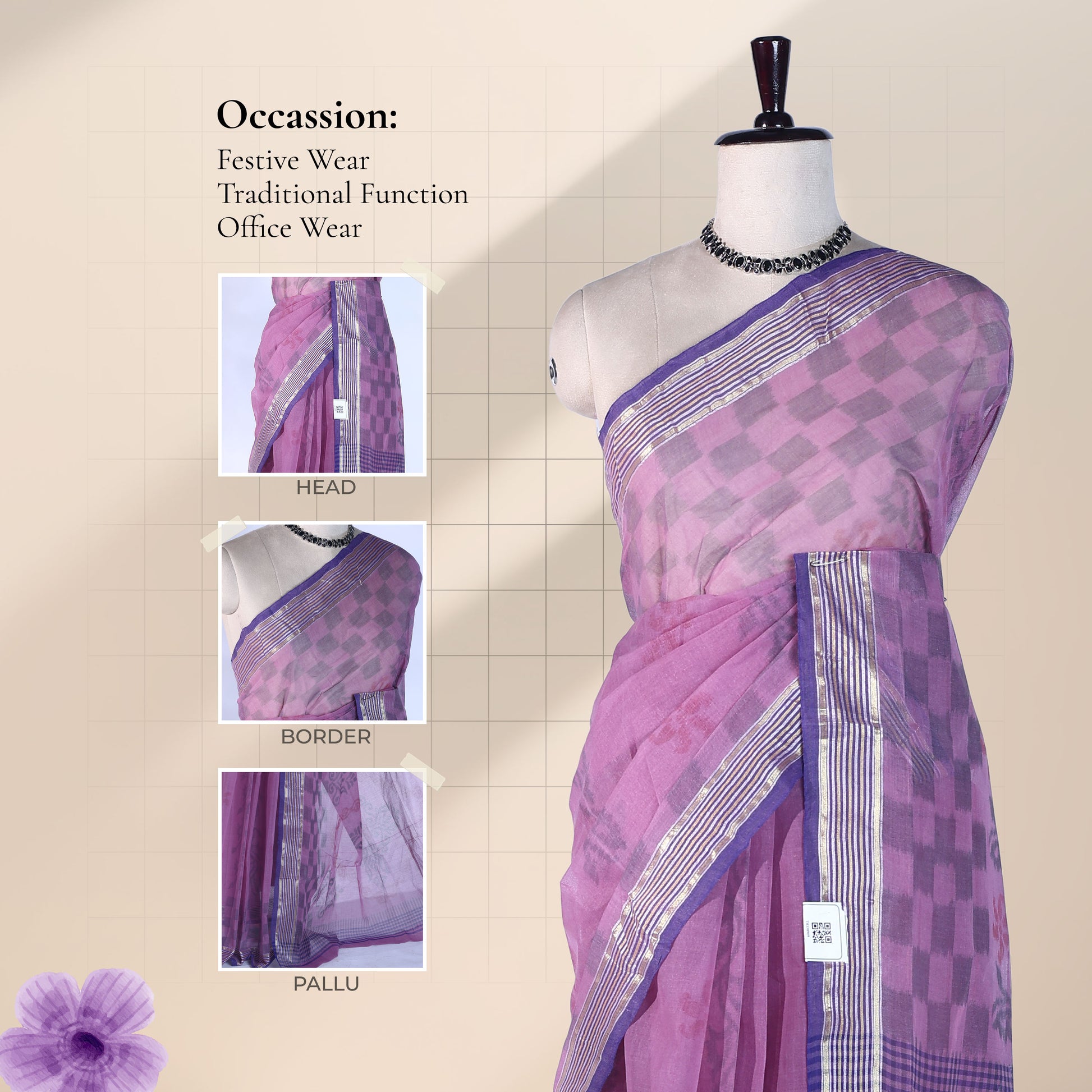 Bengal Cotton Saree With Floral Woven Motifs, Checked Pattern And Striped Border In Onion Pink Front Draped View

