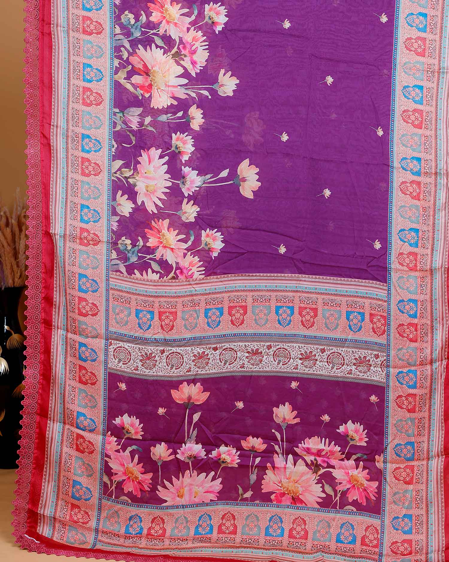 Stylish Georgette Saree with Bold Floral Prints and Traditional Patterned Border - Purple