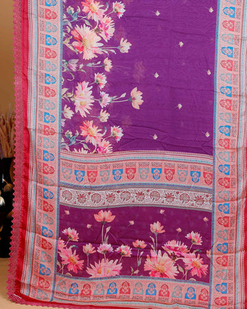 Stylish Georgette Saree with Bold Floral Prints and Traditional Patterned Border - Purple