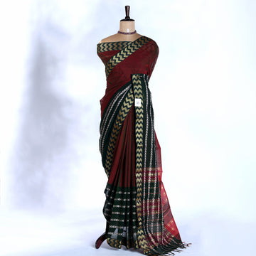 Maroon Mangalagiri Cotton Saree with Gold Chevron Pattern Pallu & Traditional Zigzag Border - Full View