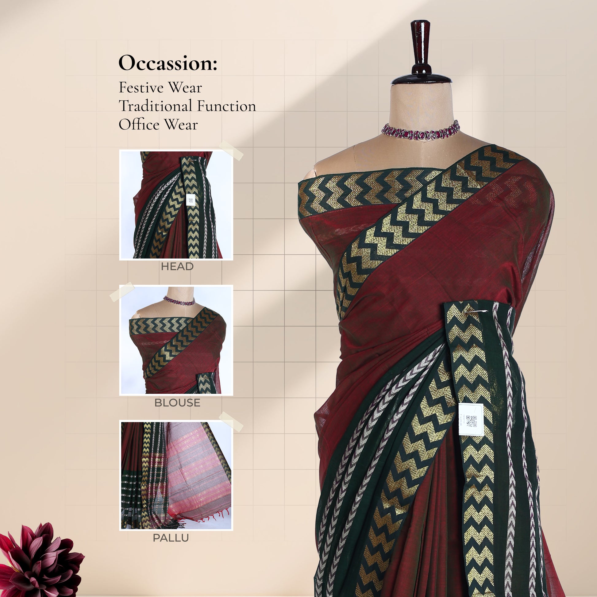 Maroon Mangalagiri Cotton Saree With A Black Border Gold Zari Chevron Patterns And A Matching Woven Pallu
