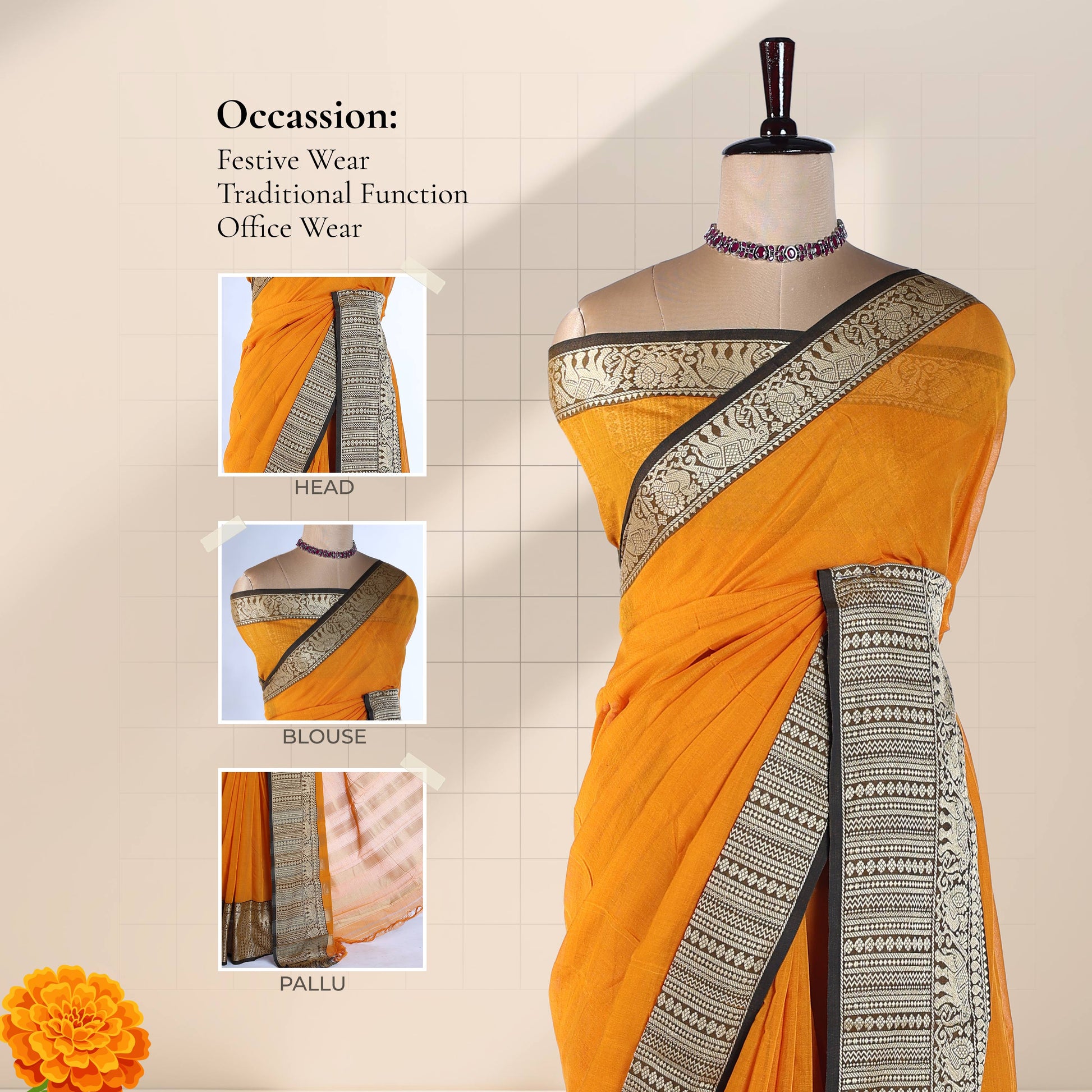 Yellow  Mangalagiri Cotton Saree With Dark Maroon  And Gold Woven Border Featuring Detailed Views Of The Border Pleats & Pallu Perfect For Festive Occasions Traditional Events & Office Wear
