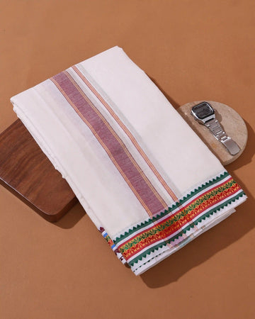 Men’s Premium Cotton Dhoti with Traditional Woven Border and Classic Striped Design - Off White