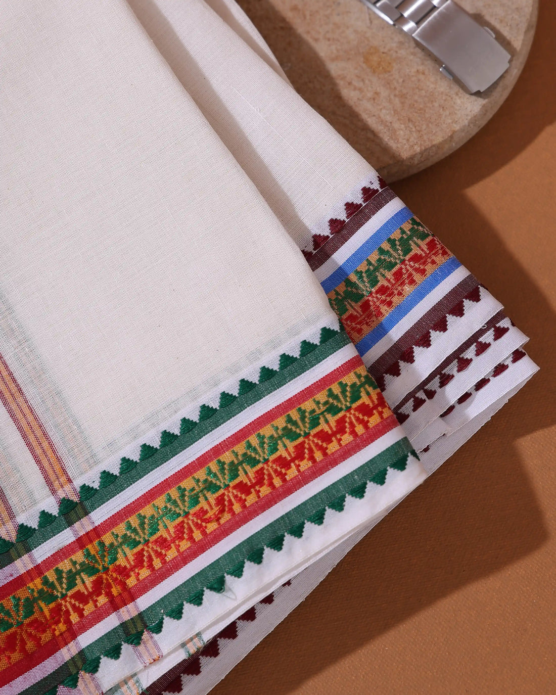 Men’s Premium Cotton Dhoti with Traditional Woven Border and Classic Striped Design - Off White