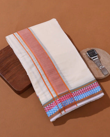 Men’s Traditional 9×5 Cotton Dhoti with Checked Multi Color Border Design – Off White