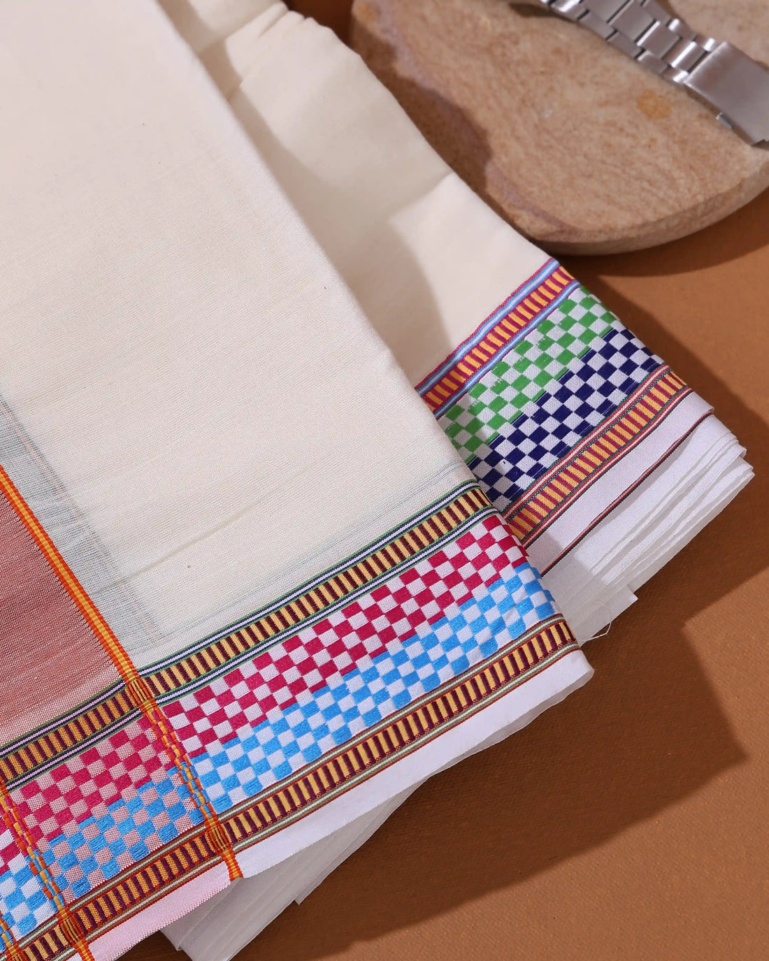 Men’s Traditional 9×5 Cotton Dhoti with Checked Multi Color Border Design – Off White
