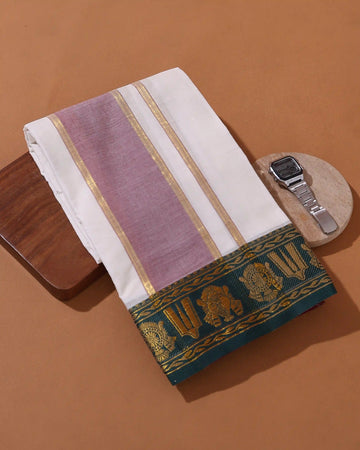Men’s 9+5 Meter Traditional Cotton Dhoti with Woven Gold Zari Border - Off White