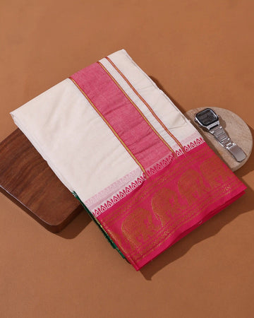 Men’s 9* 5 Meter Cotton Dhoti with Traditional Elephant Zari Border - White