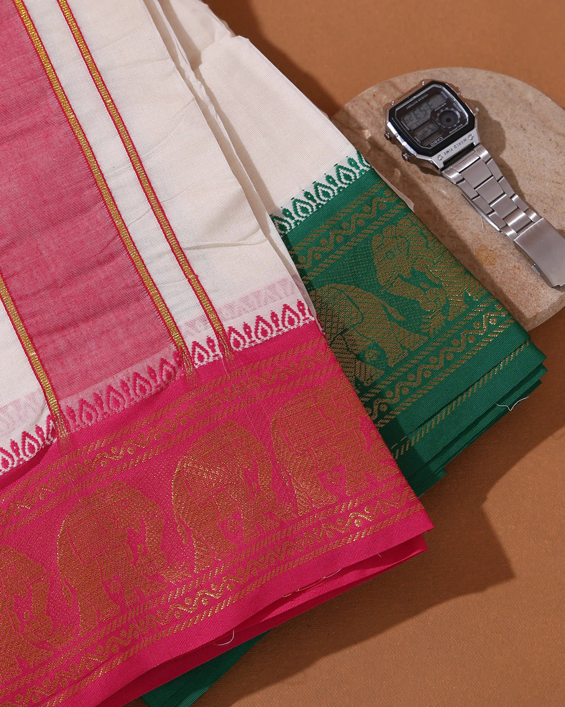 Men’s 9* 5 Meter Cotton Dhoti with Traditional Elephant Zari Border - White
