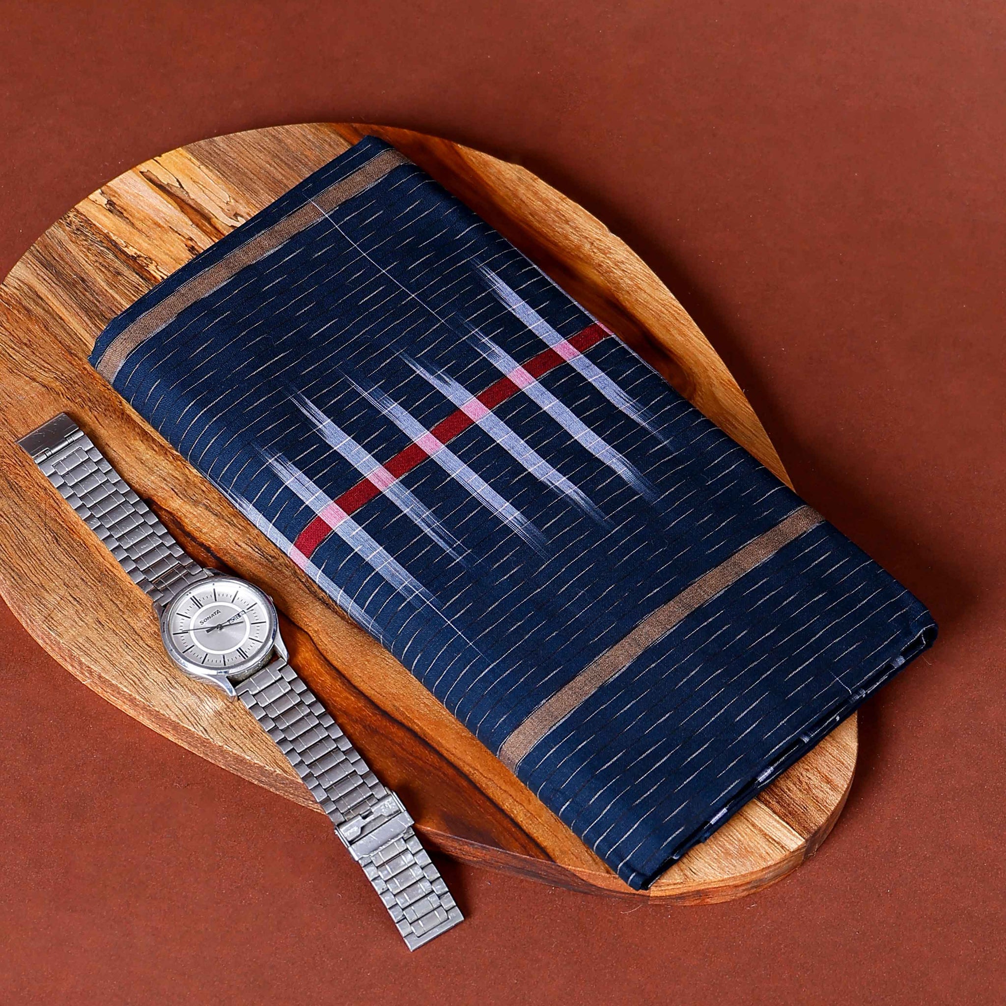 Nandu Brand Men's Premium Cotton Striped Lungi Stitched - Navy Blue