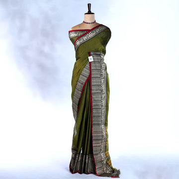 Olive Green Mangalagiri Cotton Saree for Women | Festive Summer Collection | Jeyachandran - Full View