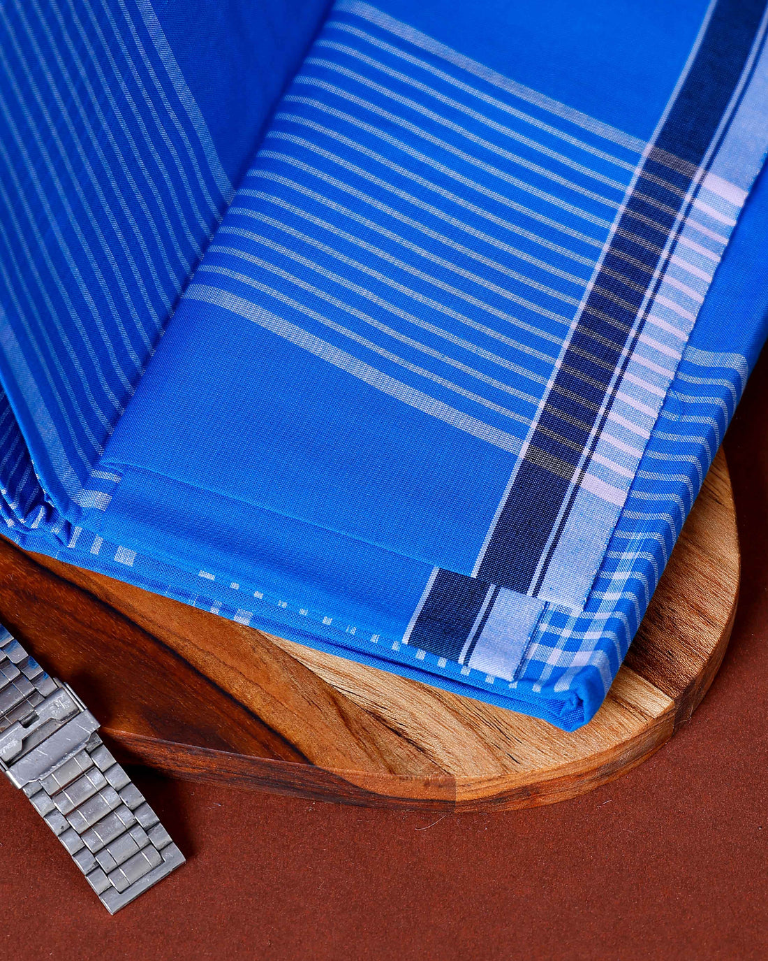 Nandu Brand Men's Premium Cotton Striped Lungi Stitched -Blue