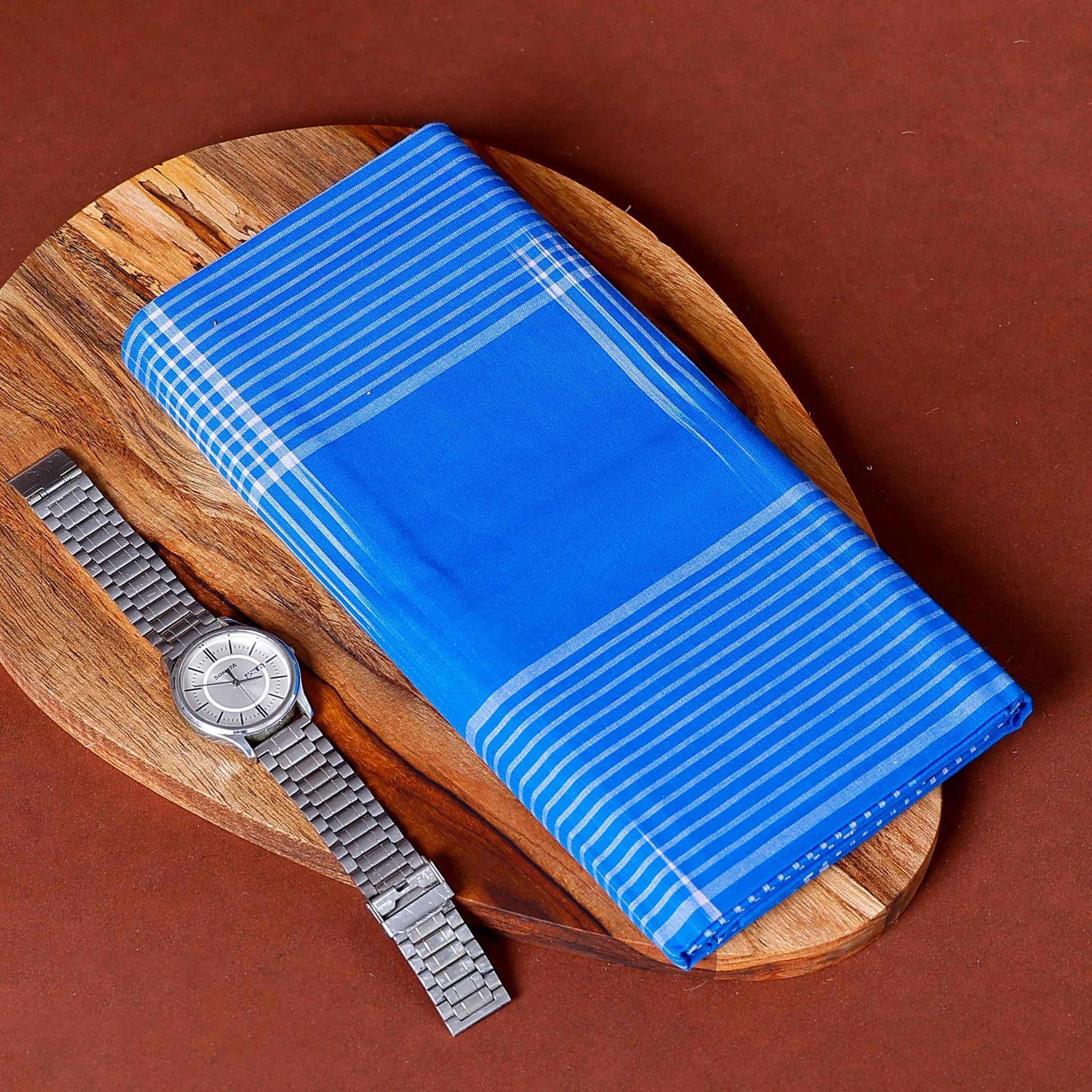 Nandu Brand Men's Premium Cotton Striped Lungi Stitched -Blue