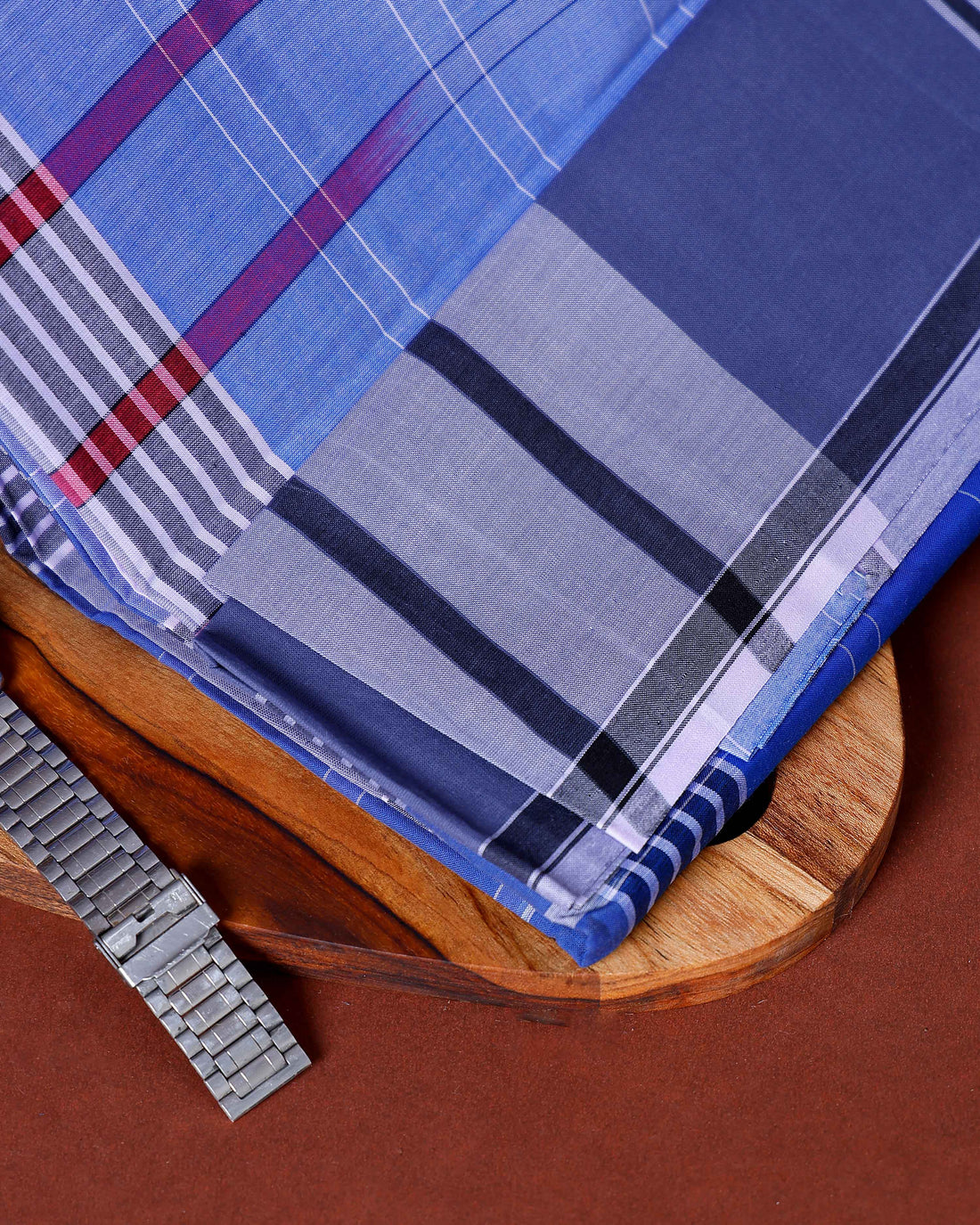 Nandu Brand Men's Premium Cotton Striped Lungi Stitched - Blue