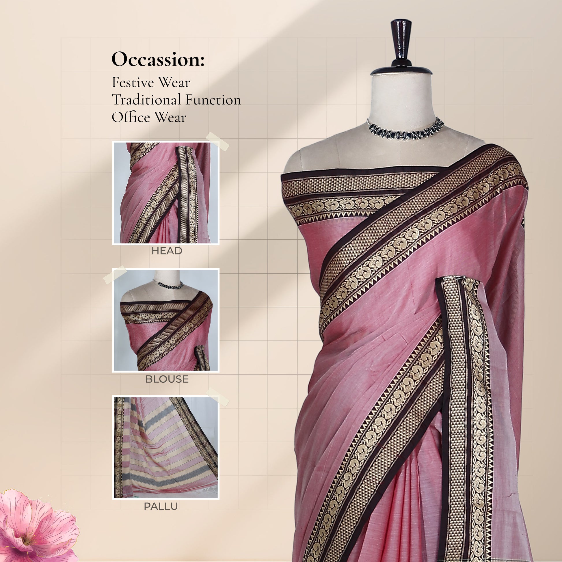 Traditional Mangalagiri Cotton Saree With Peacock Zari Woven Black Border In Pink Shade, Draped Front View