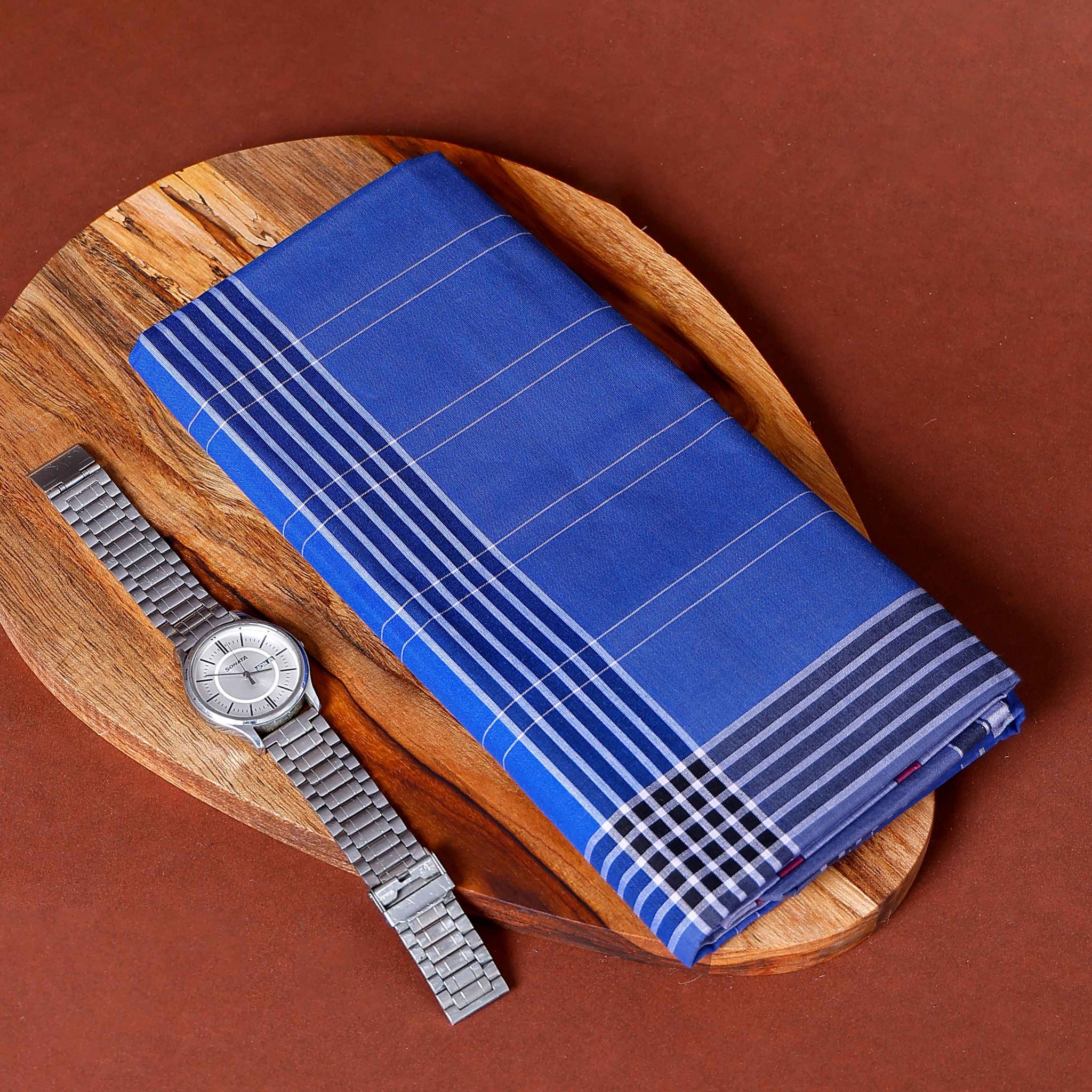 Nandu Brand Men's Premium Cotton Striped Lungi Stitched - Blue