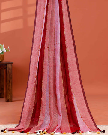 Handwoven Mul Mul Cotton Saree with Bold Striped Pattern and Tassel Detailing – Multi