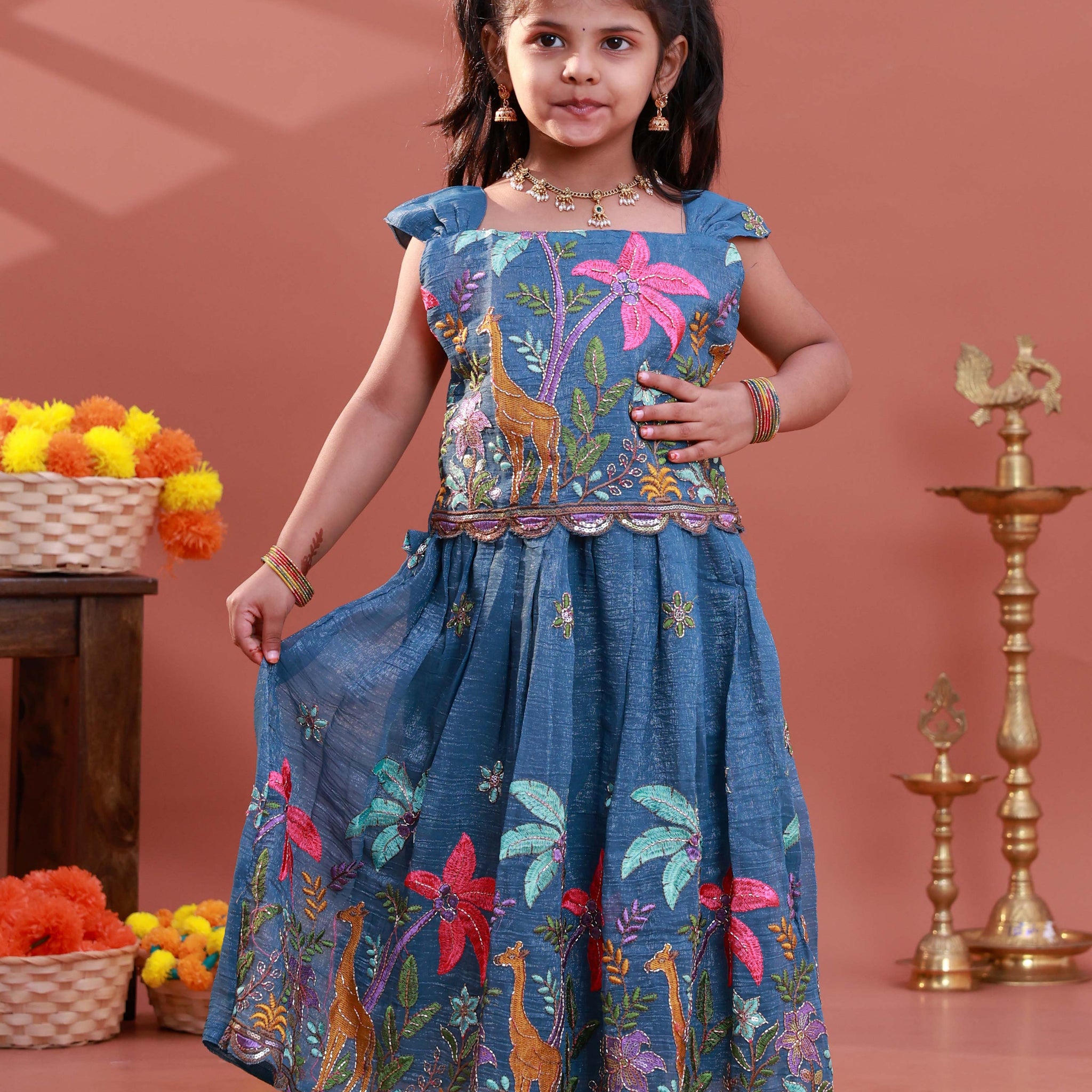 Traditional Kids Readymade Pattu Pavadai with Embroidered & Floral Motifs - Blue
