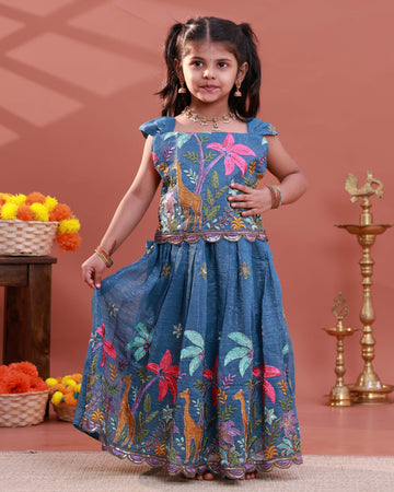 Traditional Kids Readymade Pattu Pavadai with Embroidered & Floral Motifs - Blue