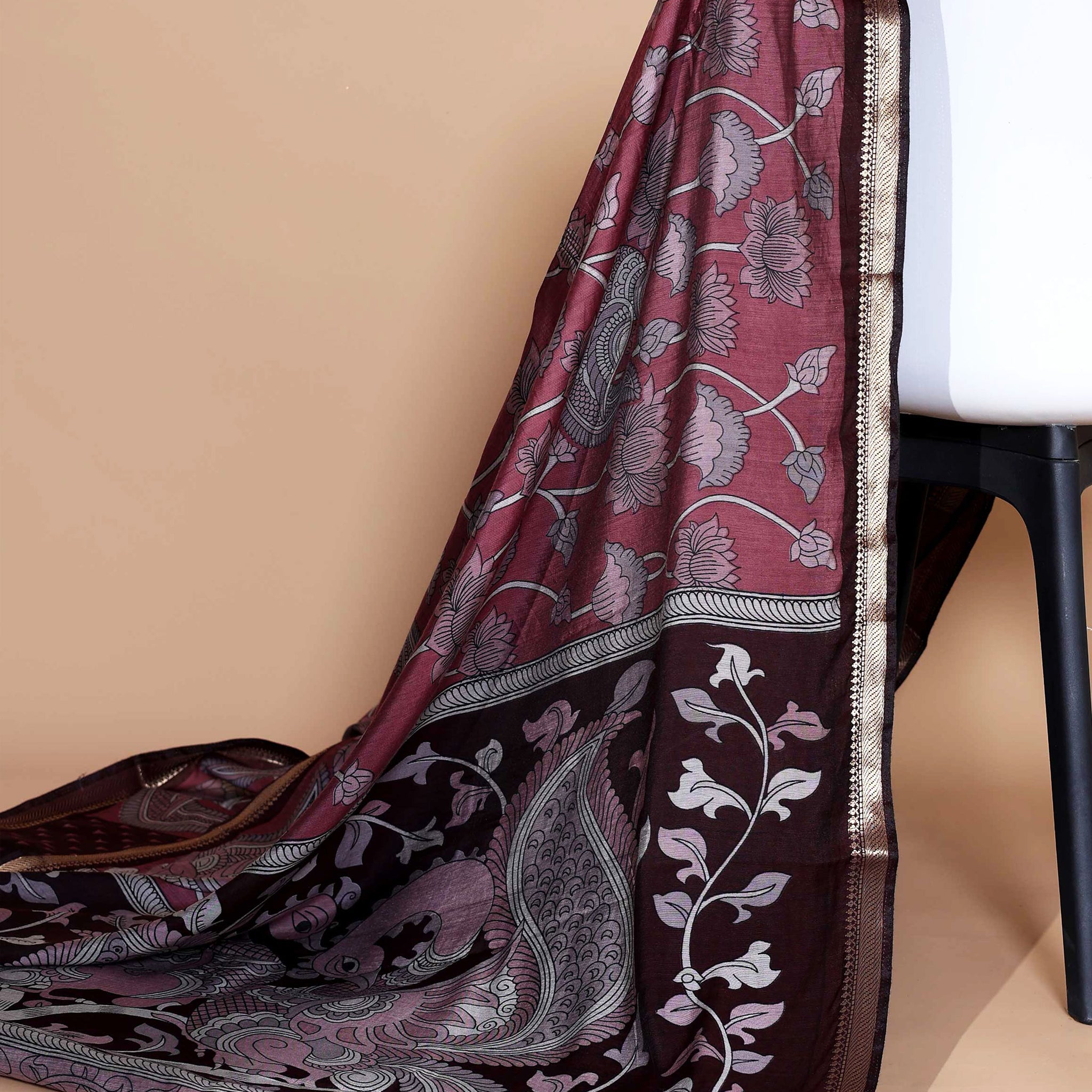 Elegant Semi Chanderi Saree with Traditional Kalamkari Handcrafted Motifs and Intricate Zari Border -  Light Maroon