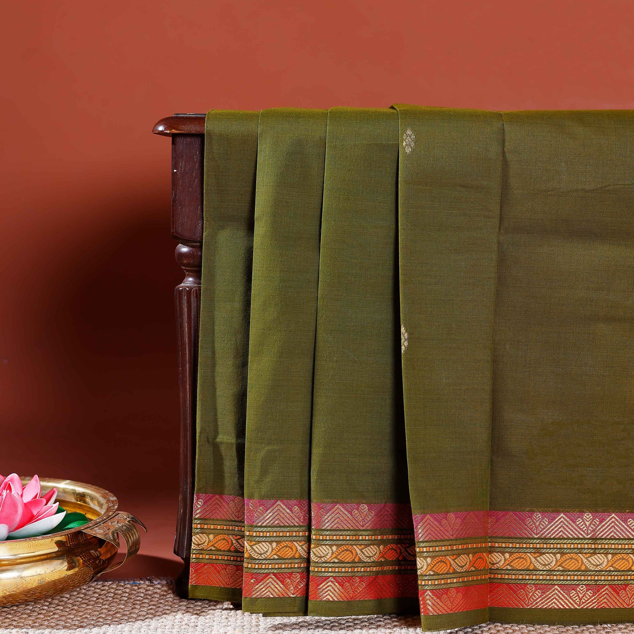 Authentic Handwoven Venkatagiri Cotton Saree with Traditional Zari Border and Intricate Pallu Design - Olive Green