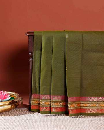 Authentic Handwoven Venkatagiri Cotton Saree with Traditional Zari Border and Intricate Pallu Design - Olive Green