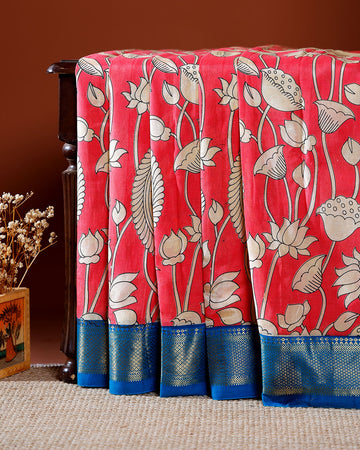 Traditional Mangalagiri Kalamkari Cotton Saree with Intricate Floral and Avian Motifs - Pink