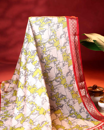 Elegant Semi Chanderi Saree with Traditional Animal Motif Print and Contrasting Zari Woven Border - Green