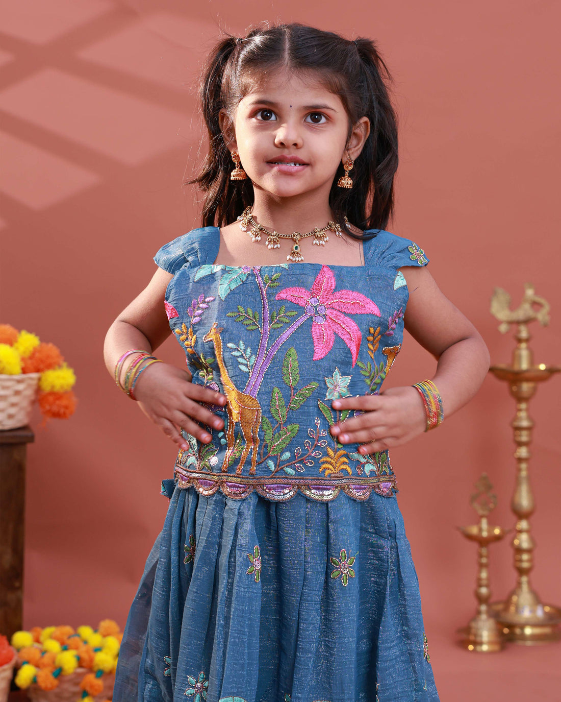Traditional Kids Readymade Pattu Pavadai with Embroidered & Floral Motifs - Blue