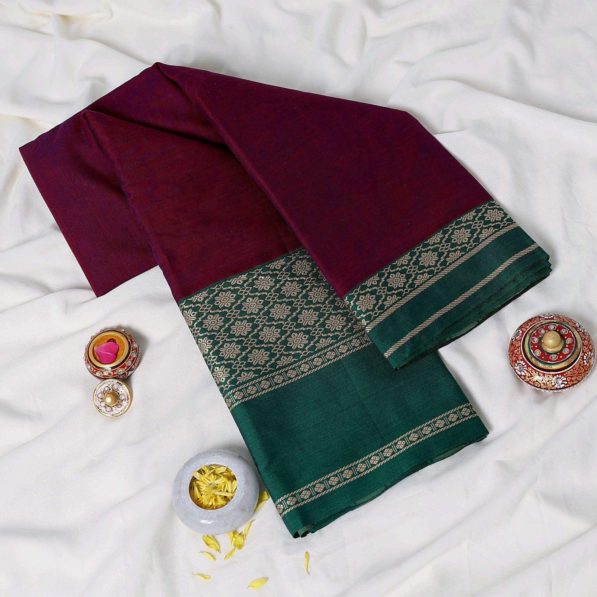Mangalagiri Cotton Saree Maroon With Green Zari Border And Traditional Woven Patterns