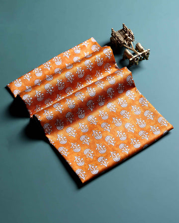 Women’s Handloom Cotton 1 Meter Blouse Material with Traditional Floral Block Print Design - Orange