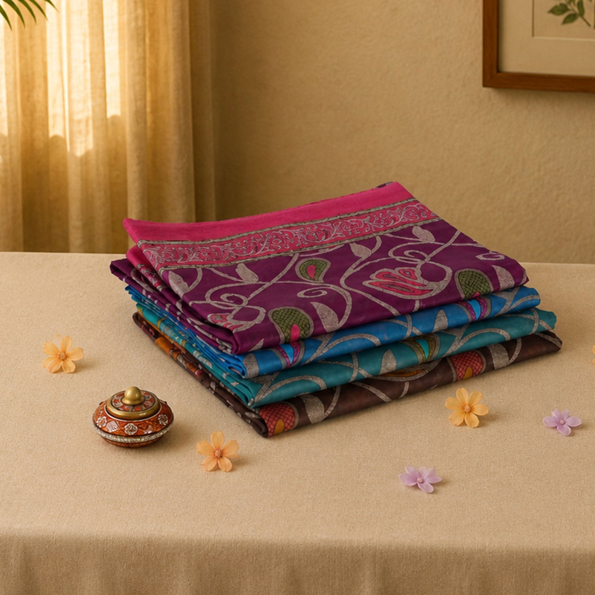 Voile cotton sarees with floral vine print in assorted colors neatly folded stack display top front view.