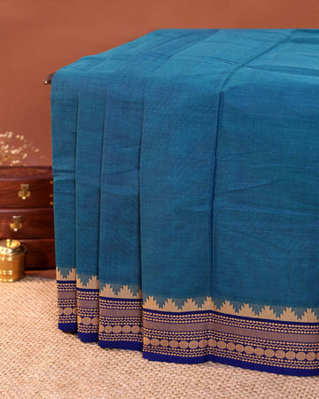 Elegant Handloom Chettinad Cotton Saree with Plain Body and Thread Woven Border - Blue