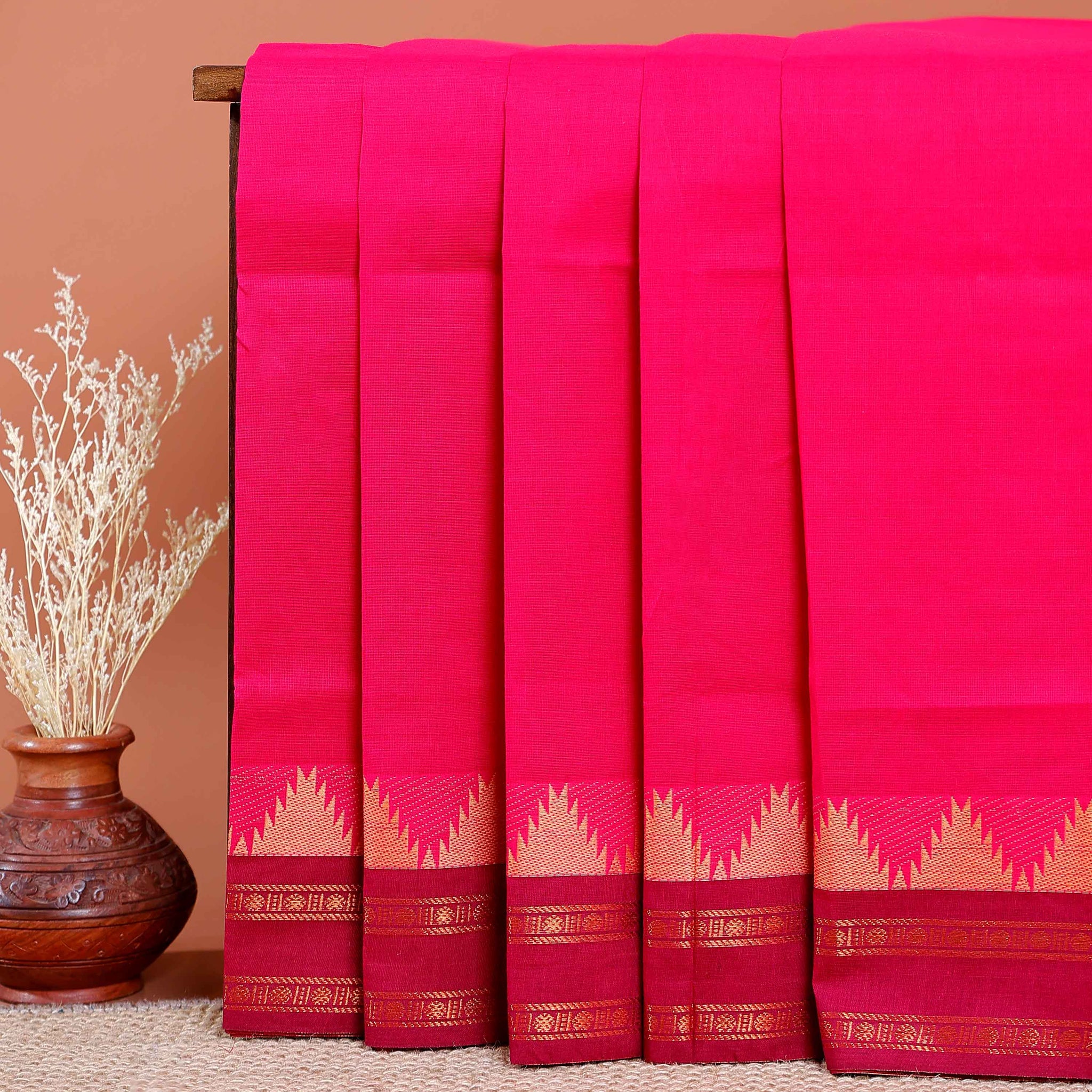 Traditional Chettinad Cotton Saree with Temple Border - Magenta