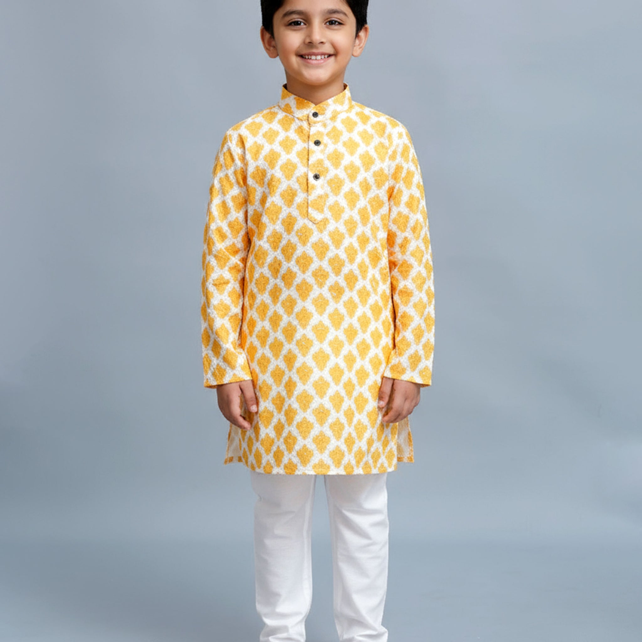 Boys Festive White Kurta Set with Mustard Yellow Ikat-Inspired Print