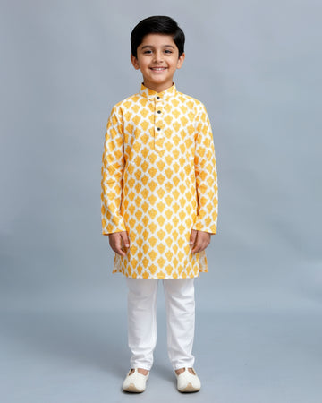 Boys Festive White Kurta Set with Mustard Yellow Ikat-Inspired Print