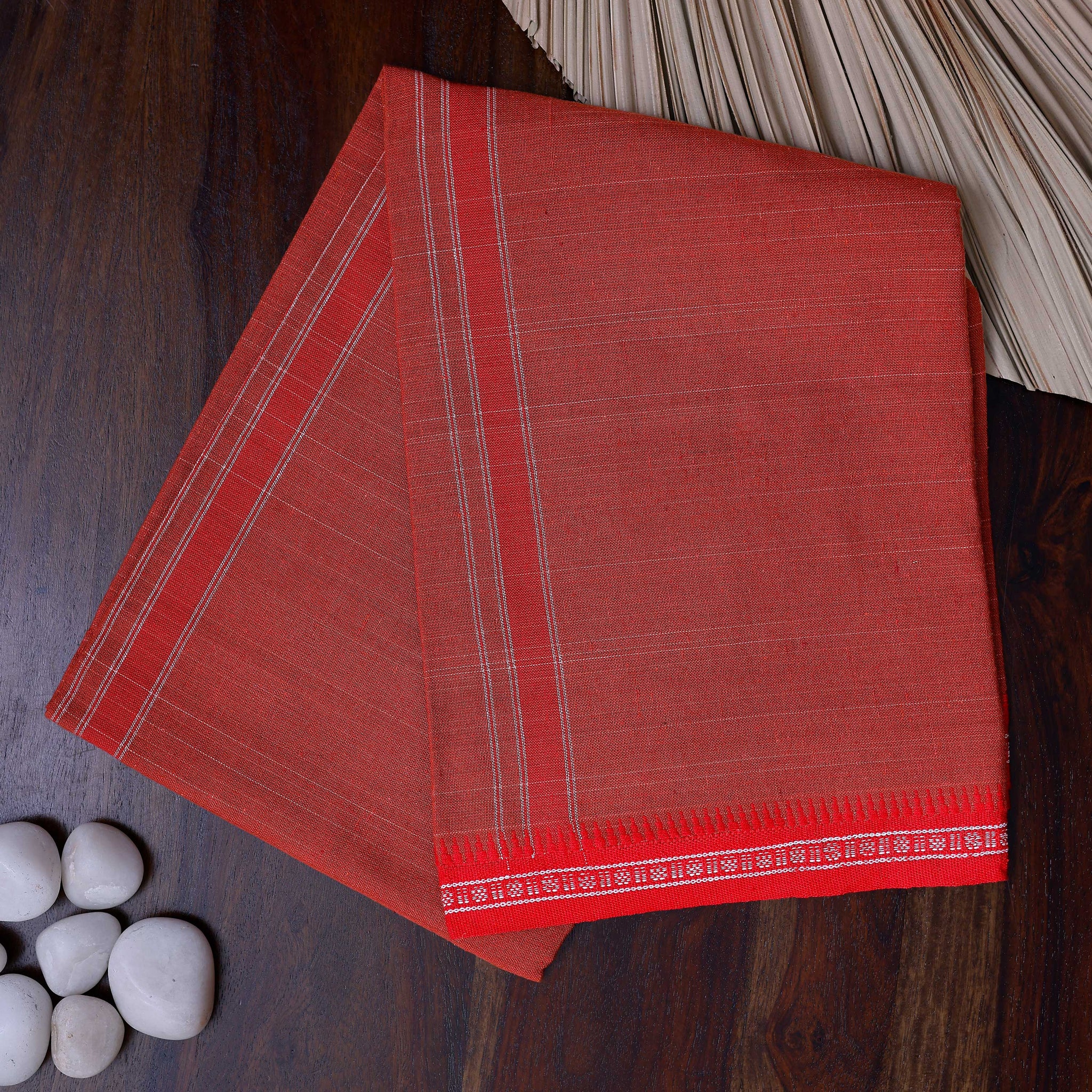Men's Traditional Cotton Dhoti with Striped Red Border and Contrast  - Red