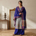 Grey Salwar Material Set With Blue Pants Fabric And Colorful Ikat Dupatta Full Length Front View
