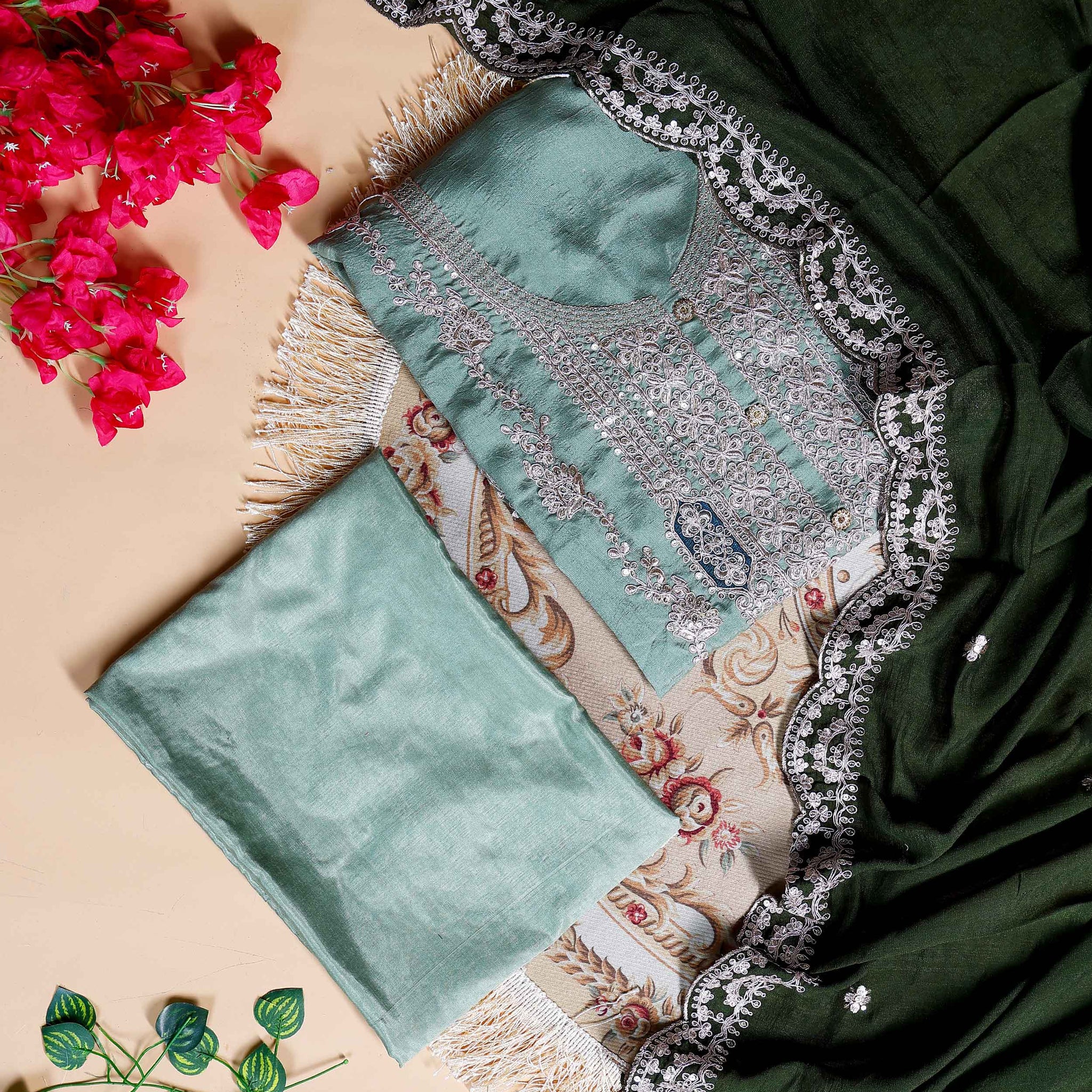 Women's Embroidered Unstitched Salwar Suit Material with Sequins and Scalloped Dupatta Border- Green