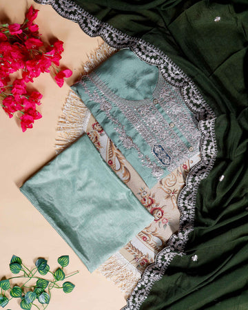 Women's Embroidered Unstitched Salwar Suit Material with Sequins and Scalloped Dupatta Border- Green