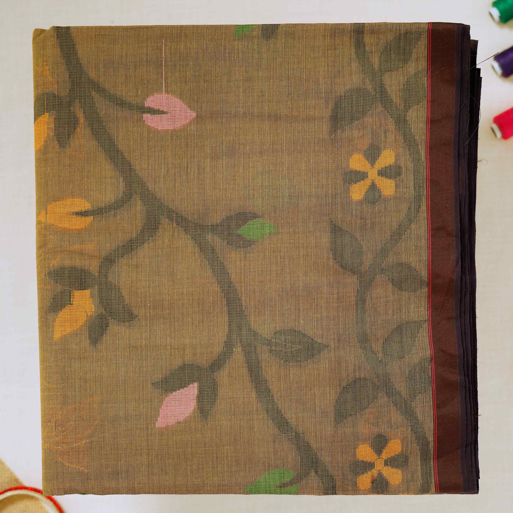 Brown Floral Printed Bengal Cotton Saree